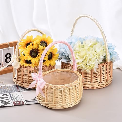 Miniatura 7 de Juego de 2 cestas de mimbre para flores de ratán, juego de canastas de boda para niña de flores con asa y lazo de cinta, cesta de plástico tejida