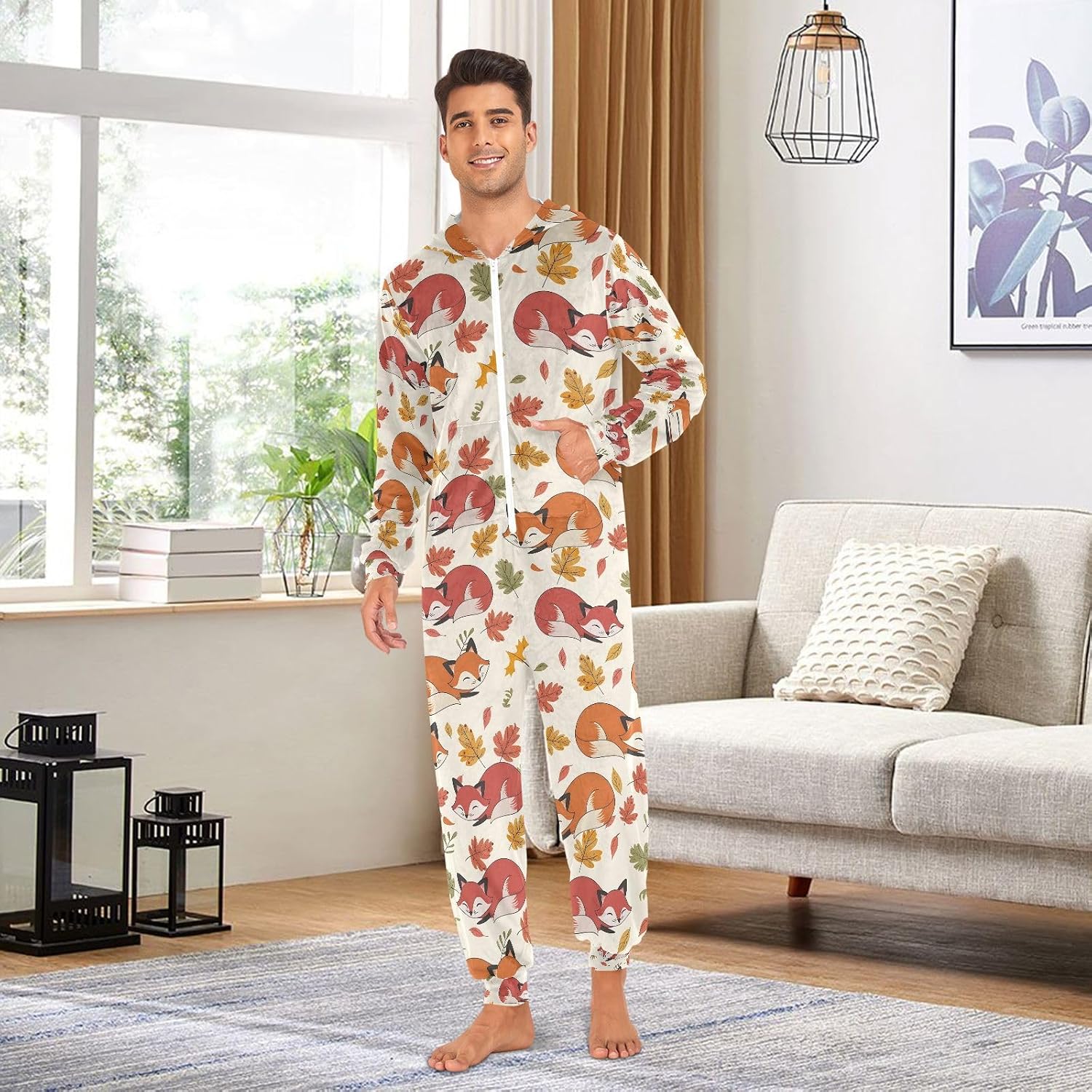 Fox Maple Leaf Autumn Leaves Adult Onesie Pajamas Novelty One Piece Costume Sleepwear Jumpsuits Matching PJS