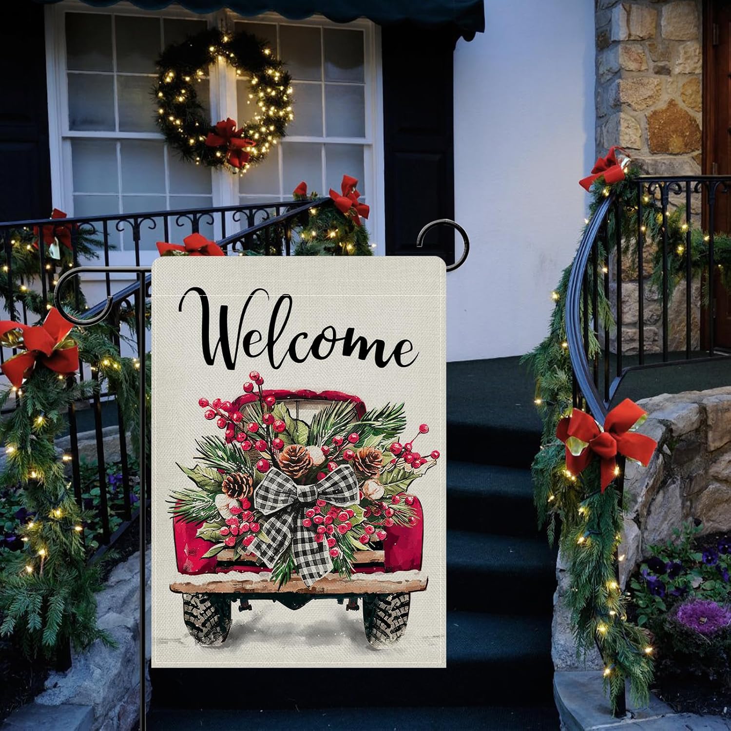 Dyrenson Welcome Christmas Truck Decorative Garden Flag, Xmas Holly Red Berries Pine Needle Plaid Bow Yard Outside Home Decoration, Winter Holiday Burlap Outdoor Small Decor Double Sided 12 x 18 - Image 6