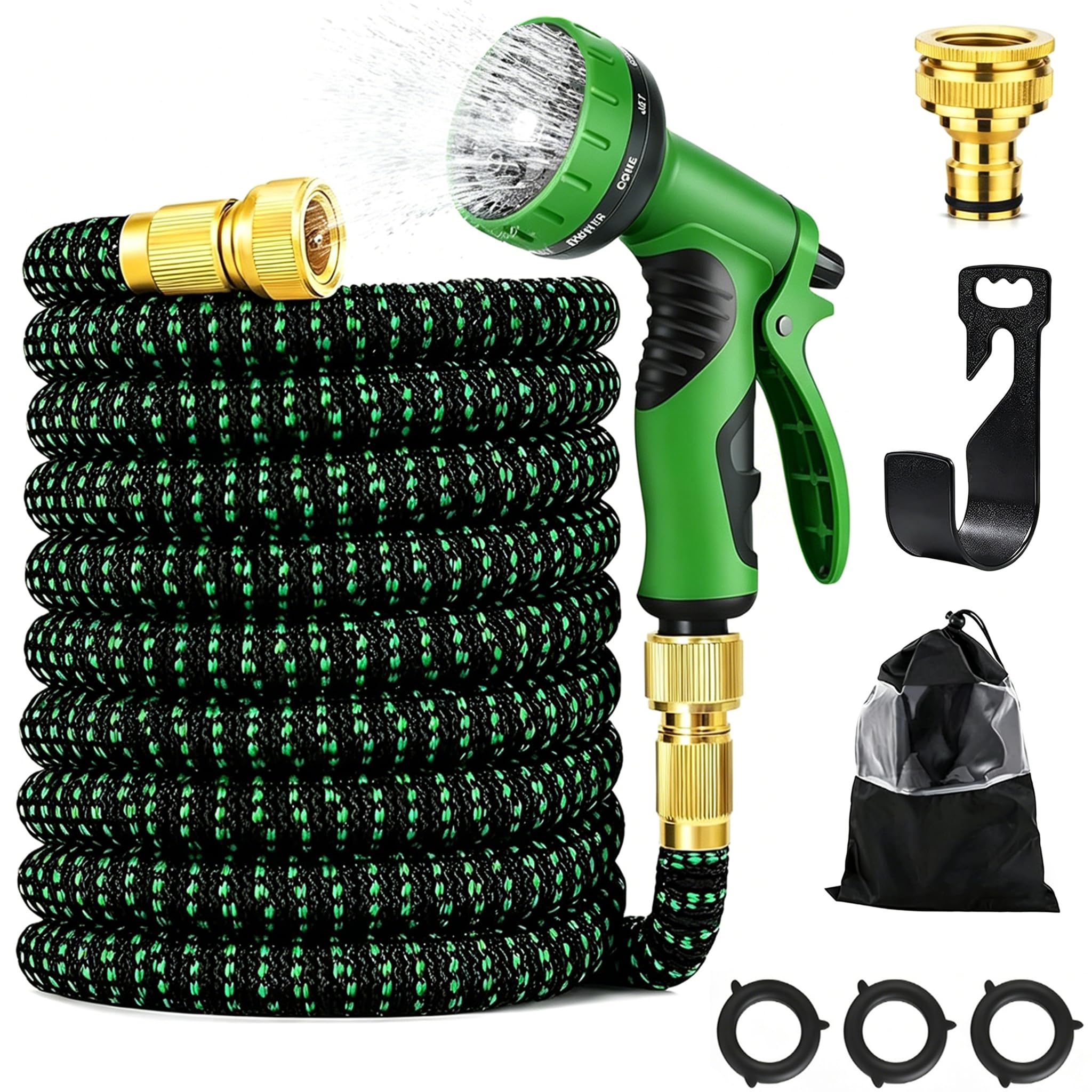 Manguera de Jardín Extensible Flexible de 15m con Pistola Rociadora de 10 Funciones, Conectores de Latón 1/2" y 3/4", Antifugas, Anticorrosión y Alta Presión para Riego, Lavado de Coche y Limpieza