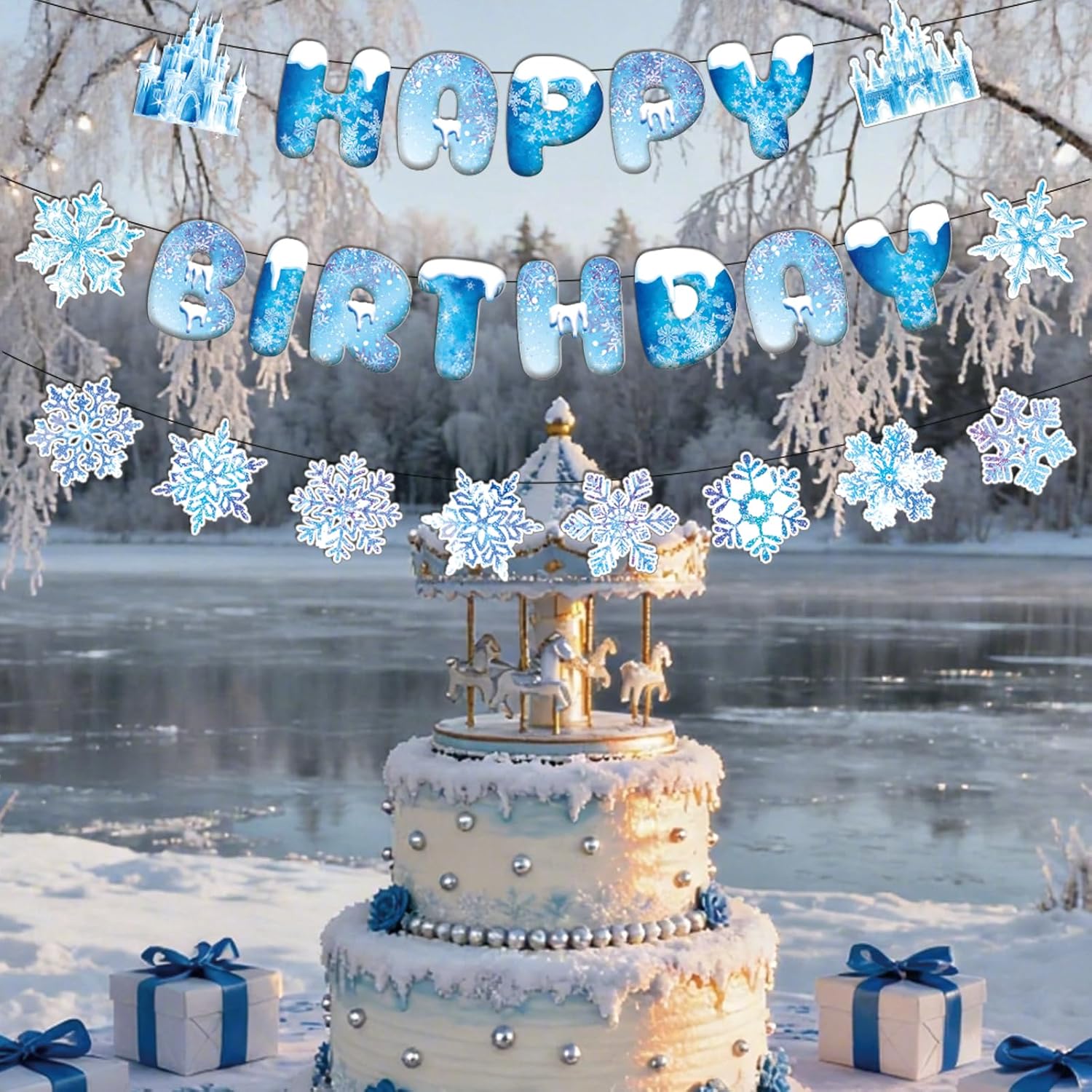 Snowflake Happy Birthday Banner - Blue Frozen Birthday Garland Bunting Hanging Decoration for Winter Wonderland Christmas Party Supplies - Image 7