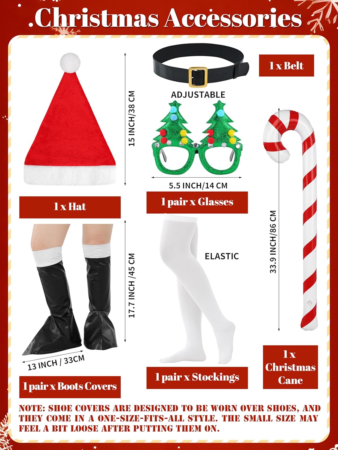 RUODON Kids Santa Costume, Christmas Girls Santa Dress Set with Hat Glasses Cape Belt Cane Socks Boot Covers - Image 2