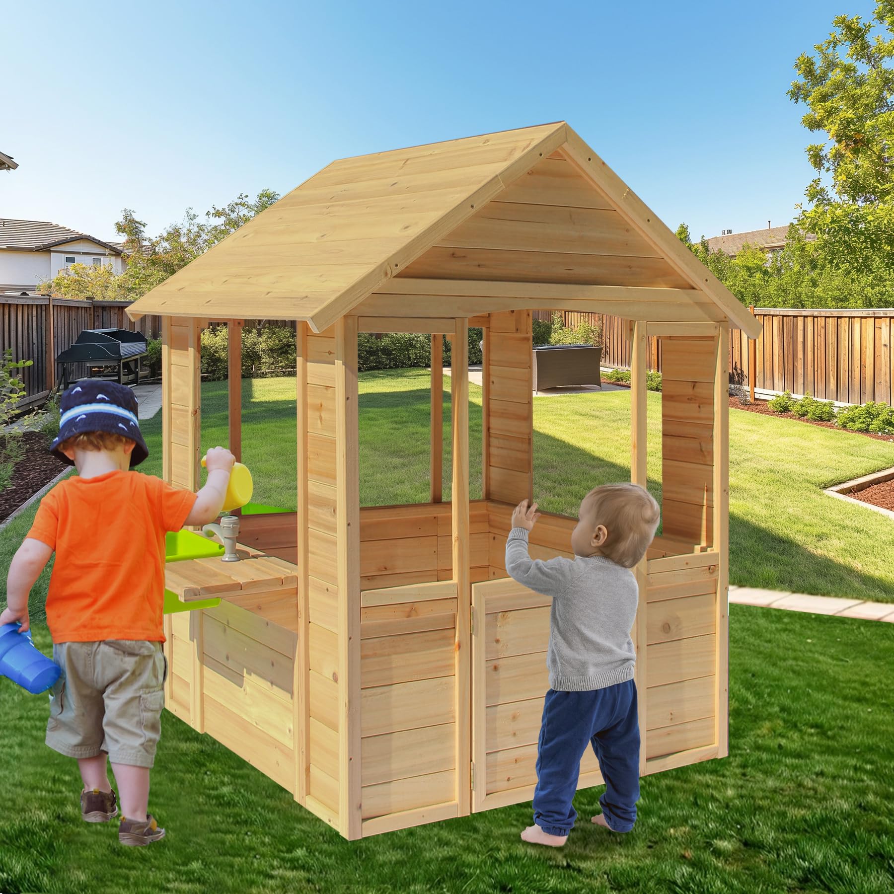 Spielhaus für Kinder im Freien, Spielhaus aus Holz im Landhausstil mit Waschbecken, Fenstern, Arbeitstür, Kochgeschirrtöpfen, Cottage-Spielhaus für den Außenbereich, Hinterhof, Terrasse (Natural)
