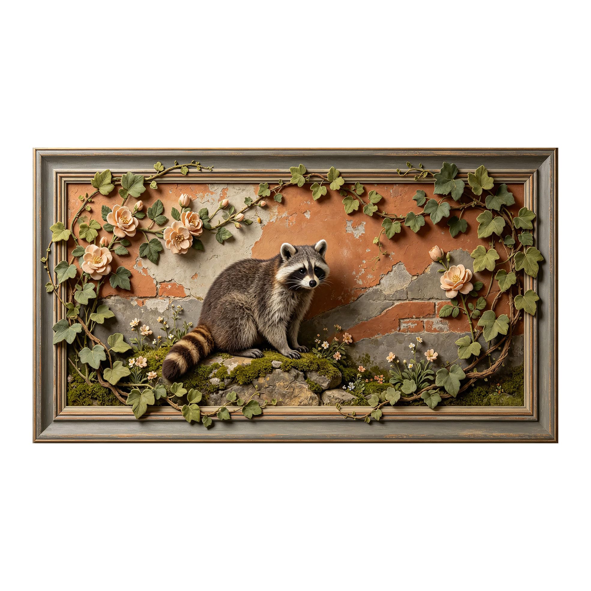 Yzpallescene 3D 3D Framed Wall Art 50cm×90cm Rustic Raccoon Botanical Floral Landscape Large Size SelfAdhesive Removable Wall Decor Prints Artwork for Living Room Bedroom Office
