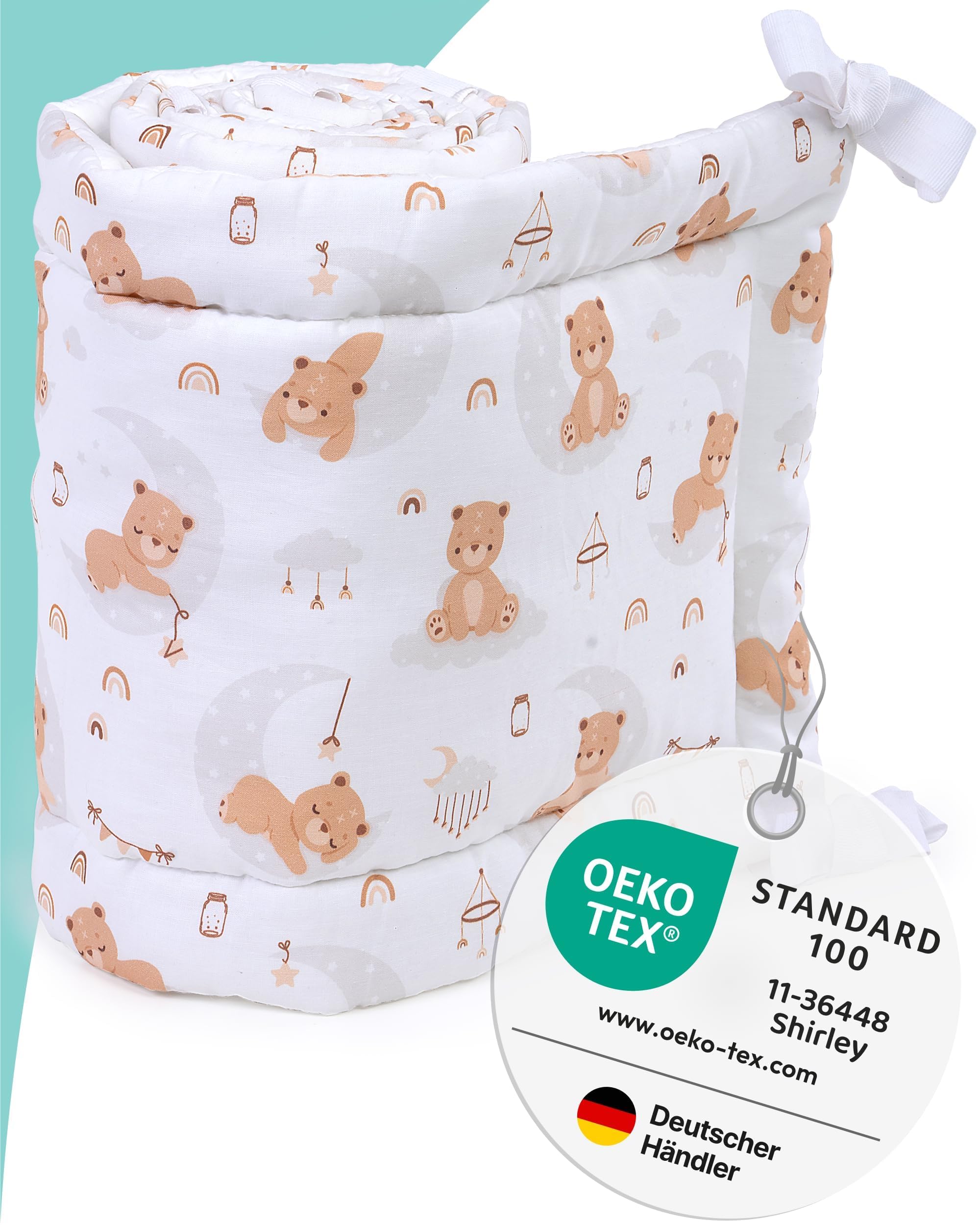 Bettschutz für 70x140 und 60x120 | Oeko-Tex 100 | Weicher Schutz für Gitterbett | 100% Baumwolle | Waschbar bis 40°C | Schutzpolster für Gitterbett | 27x175 cm