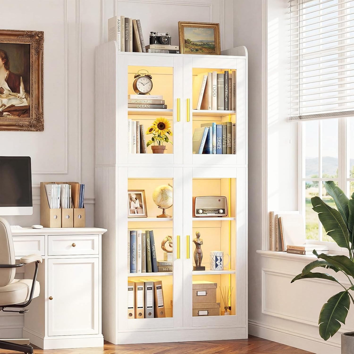Unikito Kitchen Pantry Cabinet with Led Light, 67” Tall Storage Cabinet with Tempered Glass Doors and Adjustable Shelves, Freestanding Display Bookcase for Living Room, Dining Room，White