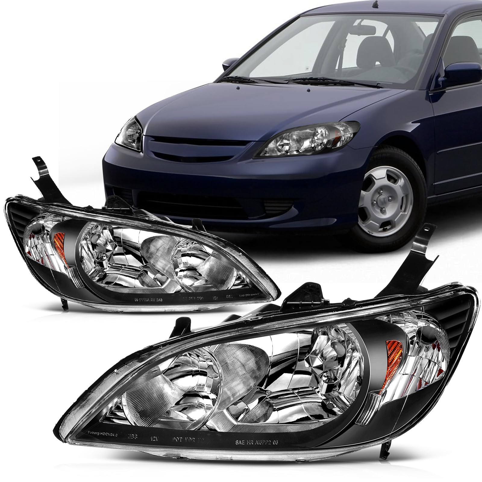 SCITOO Headlight Assembly Fits 2004 2005 For Honda Civic Replacement Headlamp in Black Housing Amber Reflector Clear Lens Driver and Passenger Side