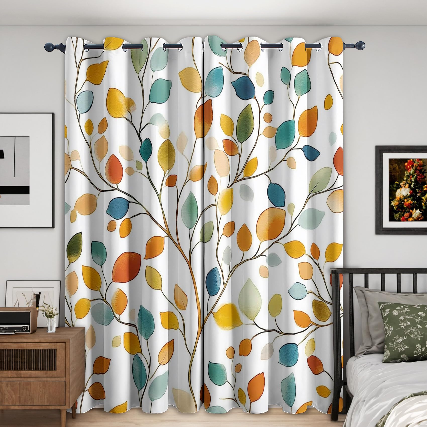 Bunte Blätter Vorhänge, Verdunklungsvorhänge mit Muster Botanisch, Vorhang Blickdicht mit Ösen, Gardinen für Wohnzimmer Schlafzimmer Deko 2er Set - 160x132 (H X B)