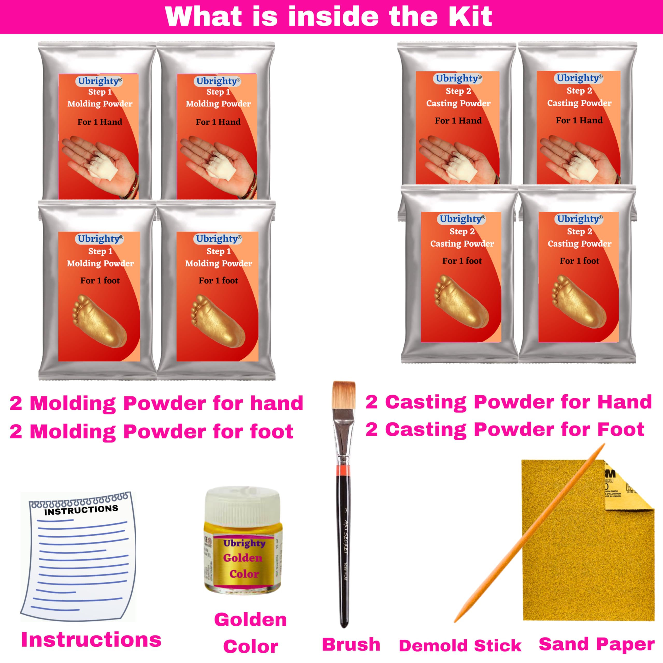 Ubrighty Hand Foot Casting kit for Baby | 3D Casting Kit, Hand Print and Foot Print, Molding Powder Clay Moulding Material (4 CASTINGS up to 9 Month Baby)