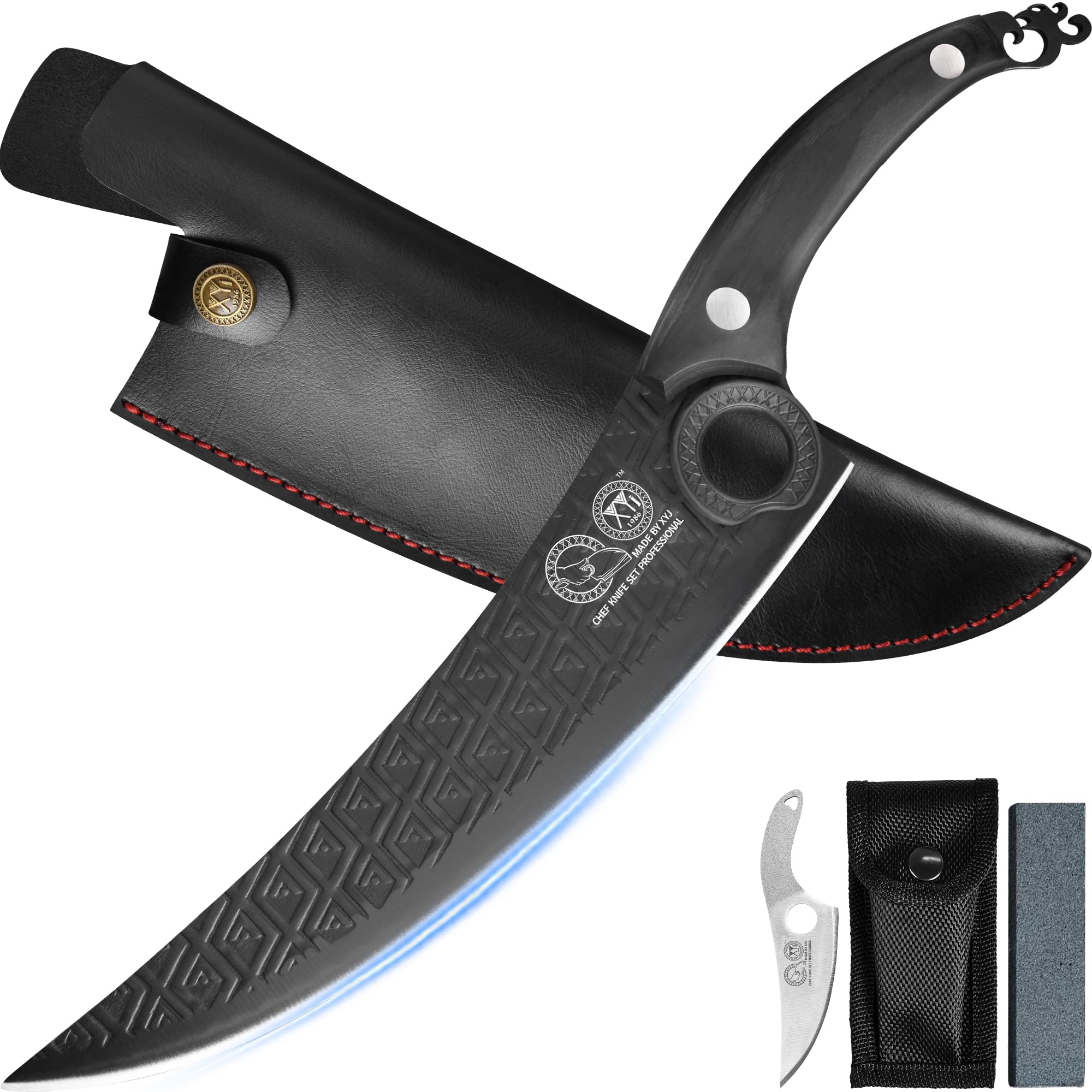 XYJ Authentic Since 1986, Full Tang 10 Inch Boning Knife with Sheath, Stainless Steel Deboning Meat Cleaver for Meat Cutting, Vegetable Kitchen Knife