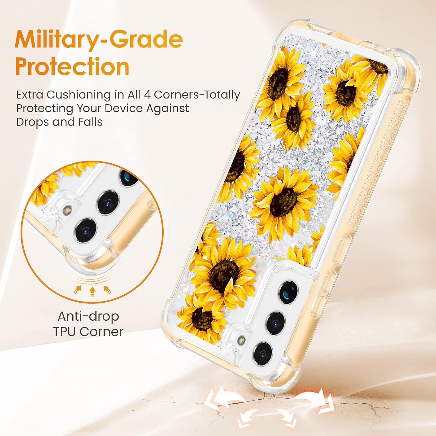 Caka for Samsung Galaxy S22 Plus Case, Galaxy S22 Plus 5G Case with Screen Protector for Women Girls Glitter Liquid Full Body Case Protective Phone Case for Samsung Galaxy S22 Plus 5G -Sunflower