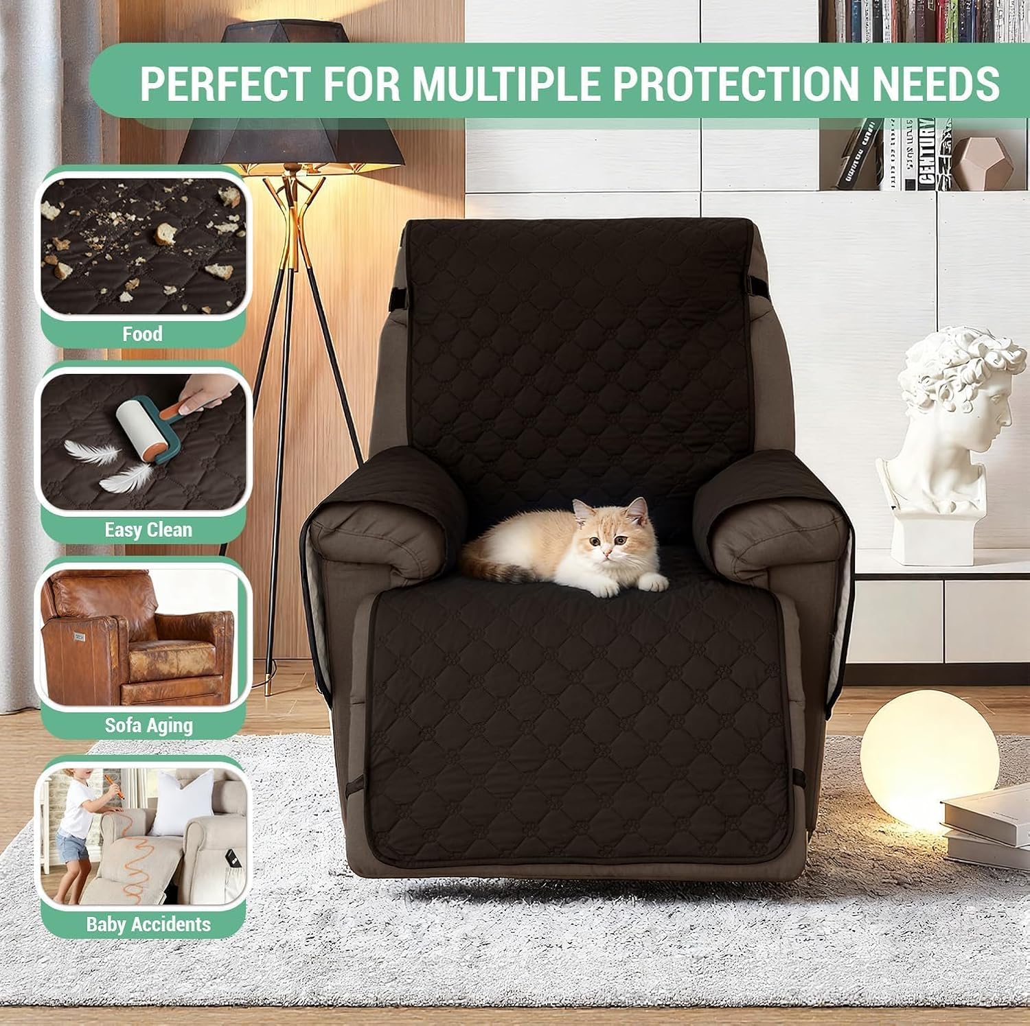 Recliner Chair Covers Waterproof,Recliner Cover Non-Slip Pet Cover for Recliner Chair Washable Chair Seat Cover with Elastic Straps for Kids, Dogs, Pets (Chocolate, 28")