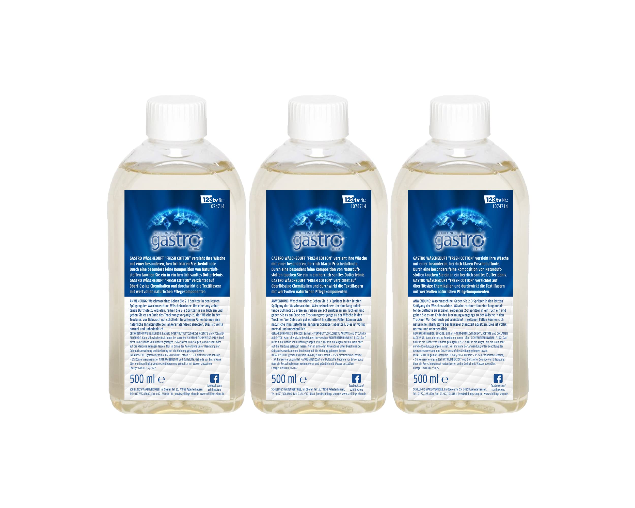 Schilling's gastro Global Wäscheduft für die Waschmaschine - Geruchsentferner mit Wäscheparfüm für die gesamte Waschladung- 3x500ml (Fresh Cotton)