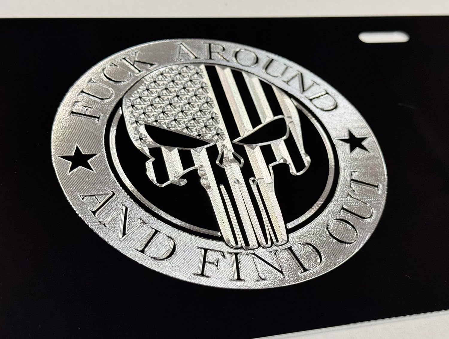 F Around Find Out FAFO Punisher Car Tag Diamond Etched Black Metal License Plate