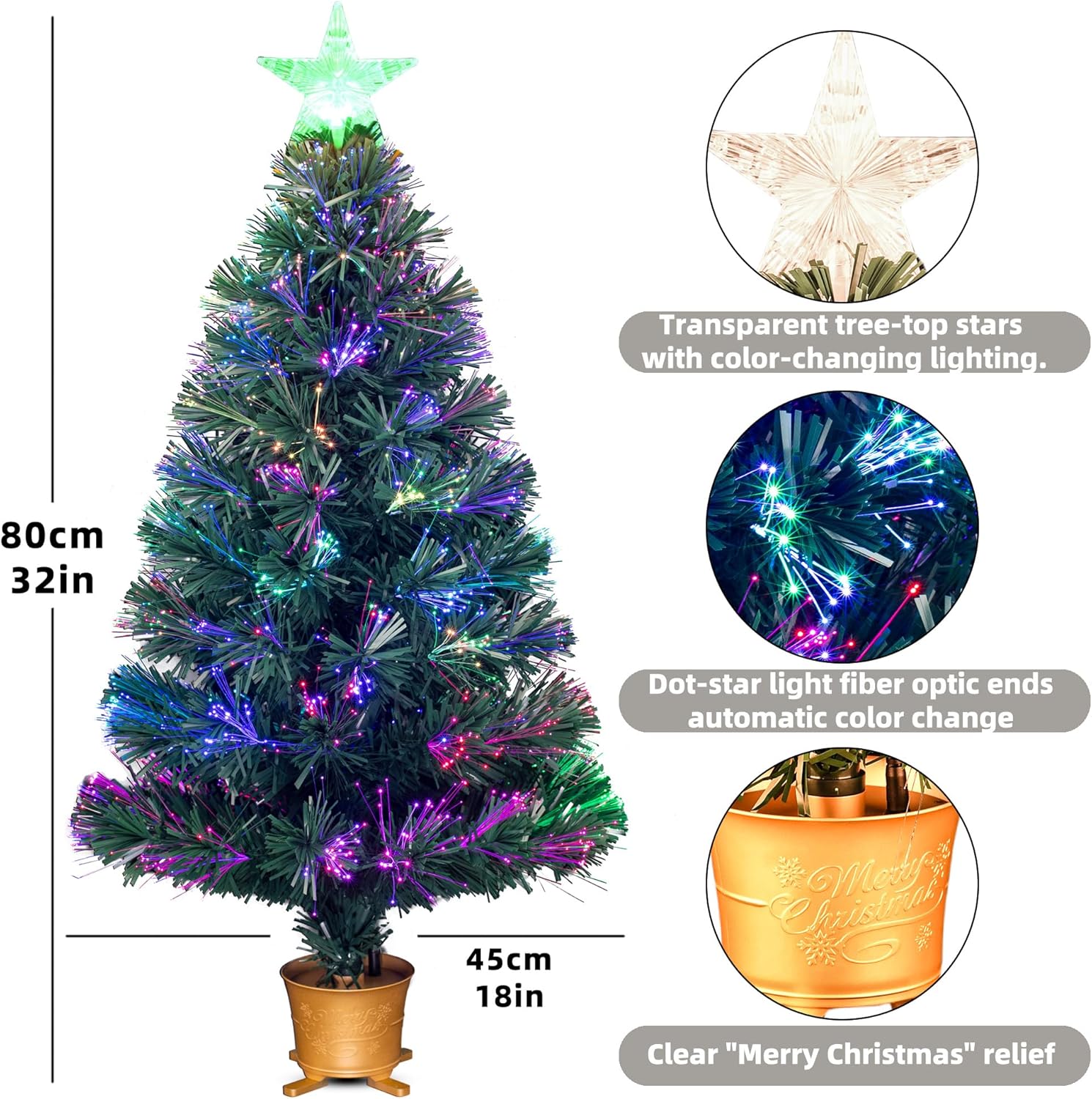 32inch Pre-lit Mini Fiber Optic Tabletop Artificial Christmas Tree，Small Xmas Tree Topper with Stars Decorations-Transparent