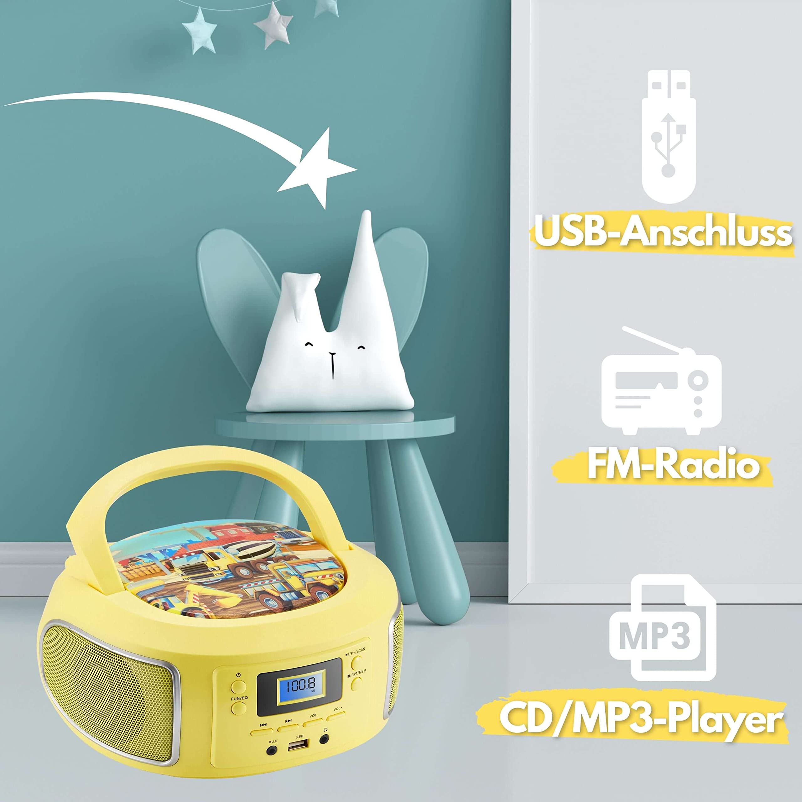 Boombox Portable | Radio FM | Entrée AUX | USB | Prise Casque | Système Compact | Lecteur CD | Chaîne Stéréo | Boombox Jaune Glamour