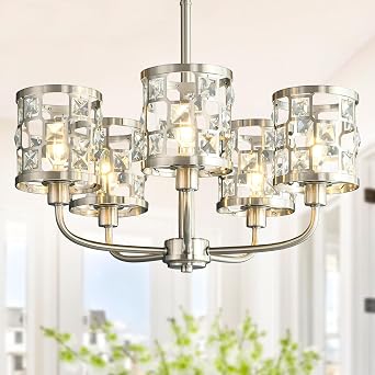 Reaketon 5-Light Farmhouse Chandelier Light Fixture, Industrial Pendant Light with Metal and Crystal, Rustic Hanging Ceiling Light Fixture for Kitchen Island Dining Room Living Room Bedroom Foyer
