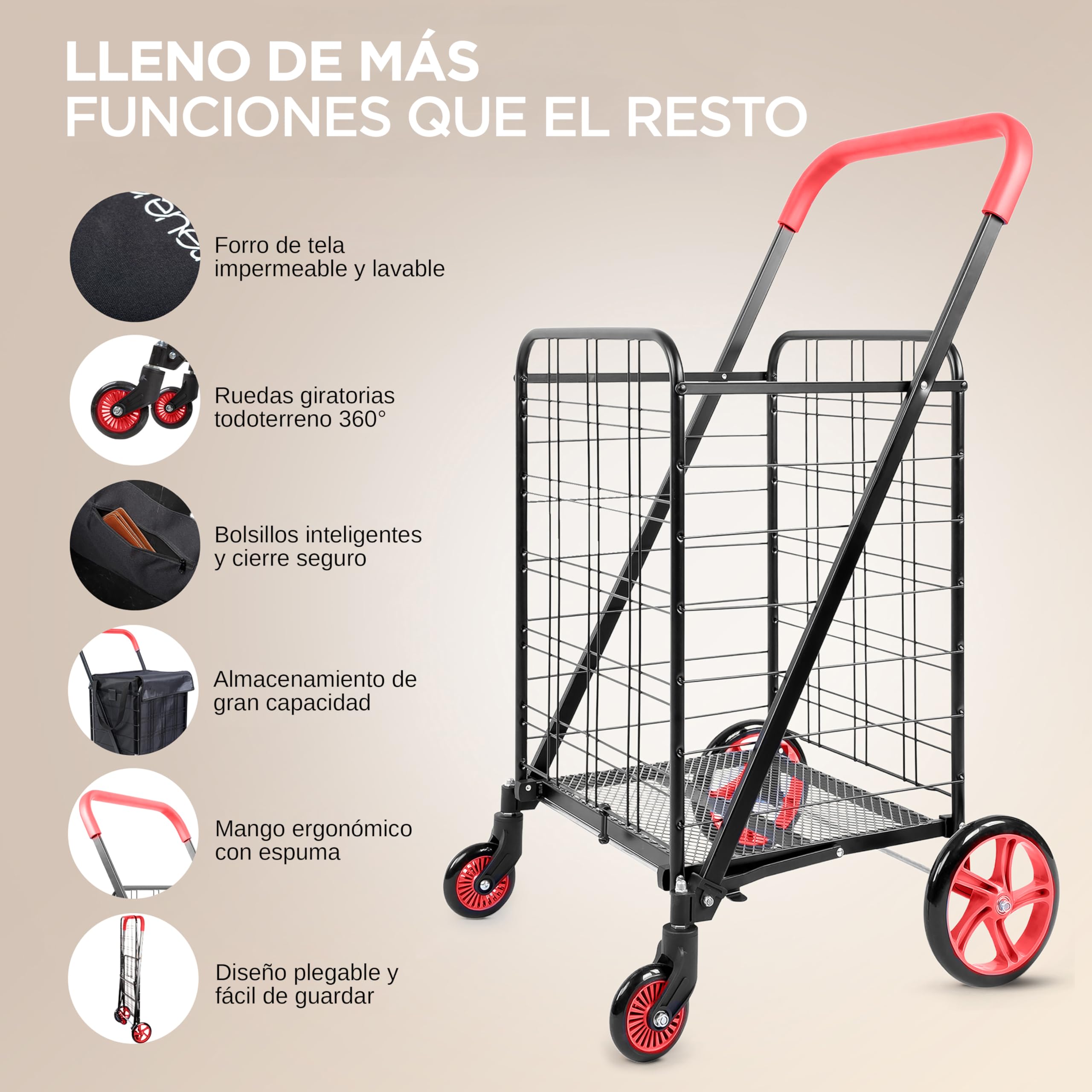 Serenelife Carrito de la Compra, Plegable, Pequeño, Supermercado, con Forro Impermeable, Ruedas giratorias, Soporta hasta 32kgs, Portatil, Ligero