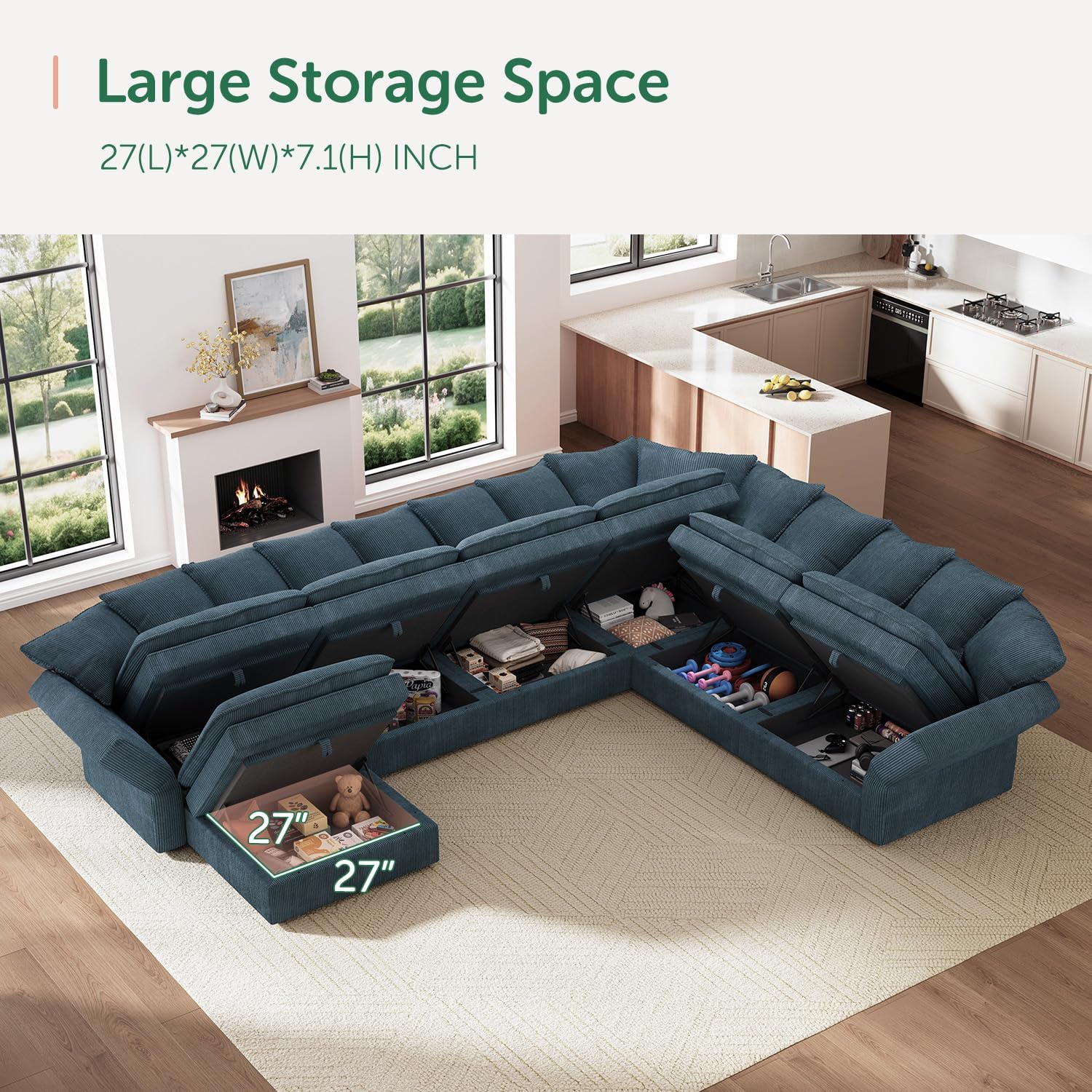 HONBAY Modular Sectional Sofa with Ottoman, 7 Seat U Shaped Couch with Storage & Pillows, 137 Inch Oversized Sectional Sofa for Living Room, Blue