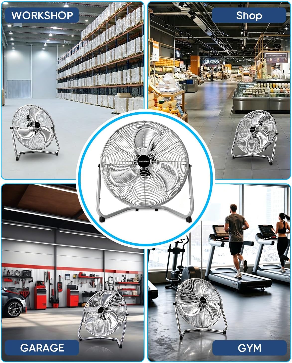 KEN BROWN 20 Inch Floor Fan, 4700 CFM High Velocity Fan, 360° Adjustable Tilt, 3 Speeds, Heavy Duty Metal Industrial Fan for Garage, Shop, Bedroom, Workshop