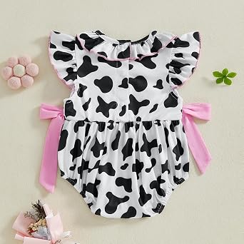 Western Baby Girl Clothes Cow Print Romper Smocked Bubble Ruffle Sleeve Bow Bodysuit Newborn Infant Cowgirl Outfit
