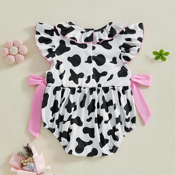 Western Baby Girl Clothes Cow Print Romper Smocked Bubble Ruffle Sleeve Bow Bodysuit Newborn Infant Cowgirl Outfit