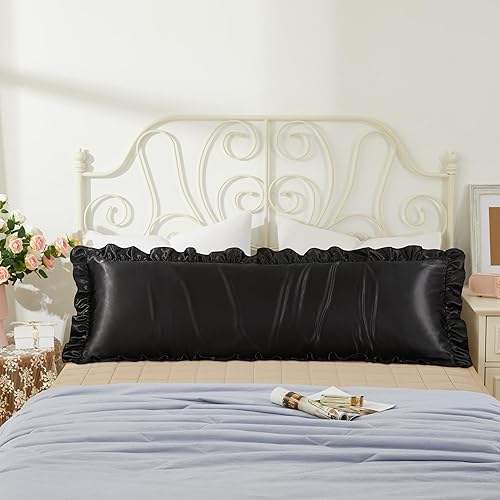 Vista 139 de Fundas de almohada de satén negro con volantes para cabello y piel, juego estándar de 2 fundas de almohada de seda negra con cierre de sobre