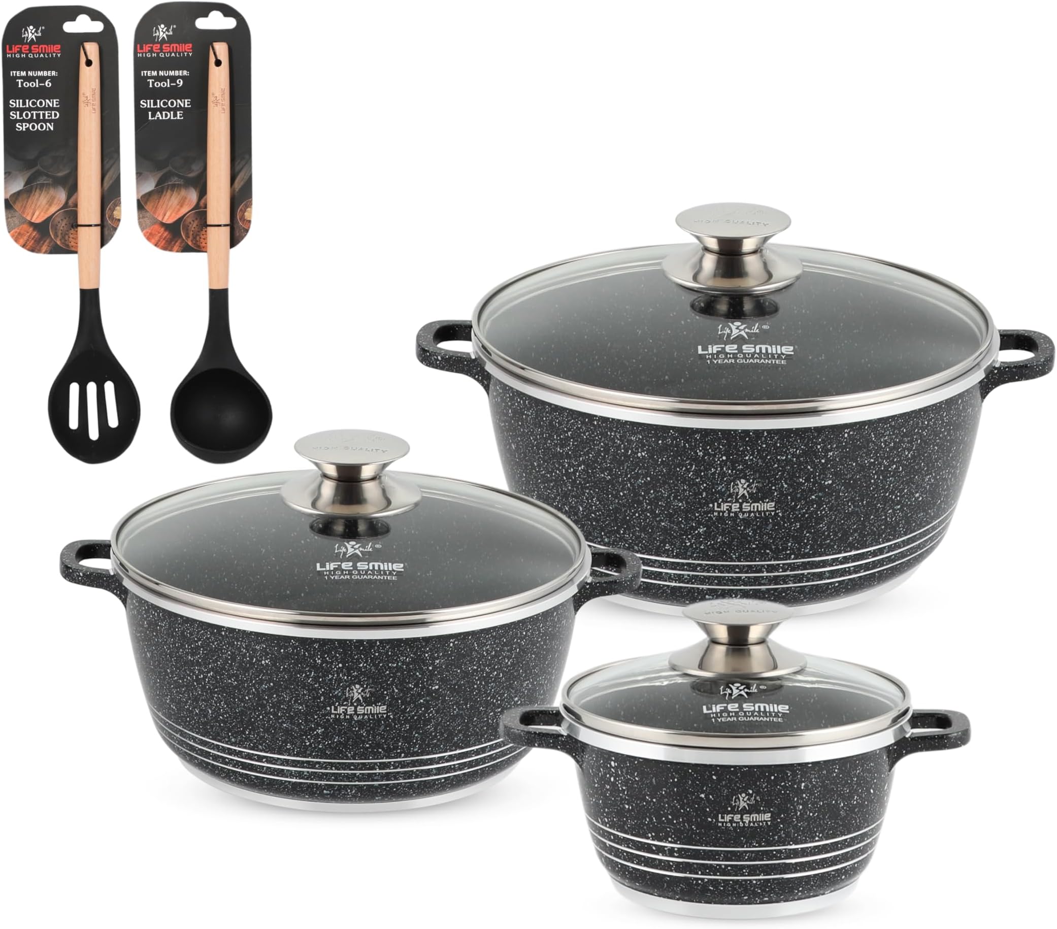 Pots Set 8 pieces - LIFE SMILE Kitchen Cookware set , Granite Non Stick Coating, Die Cast aluminum 100% PFOA FREE include Casseroles & Silicone Utensils (Black (16/20/24CM))