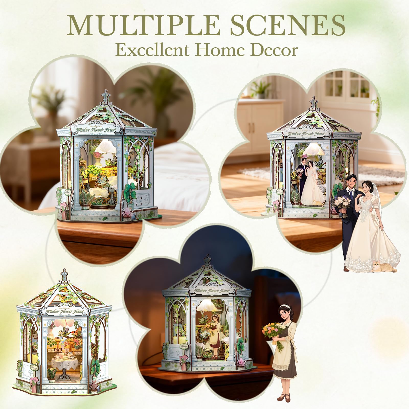 Cutefun DIY Miniature House - Casa delle bambole in legno - Libreria booknook in miniatura per casa delle bambole, con luci a LED decorazione per libreria, The for the lady (Windsor Flower House)