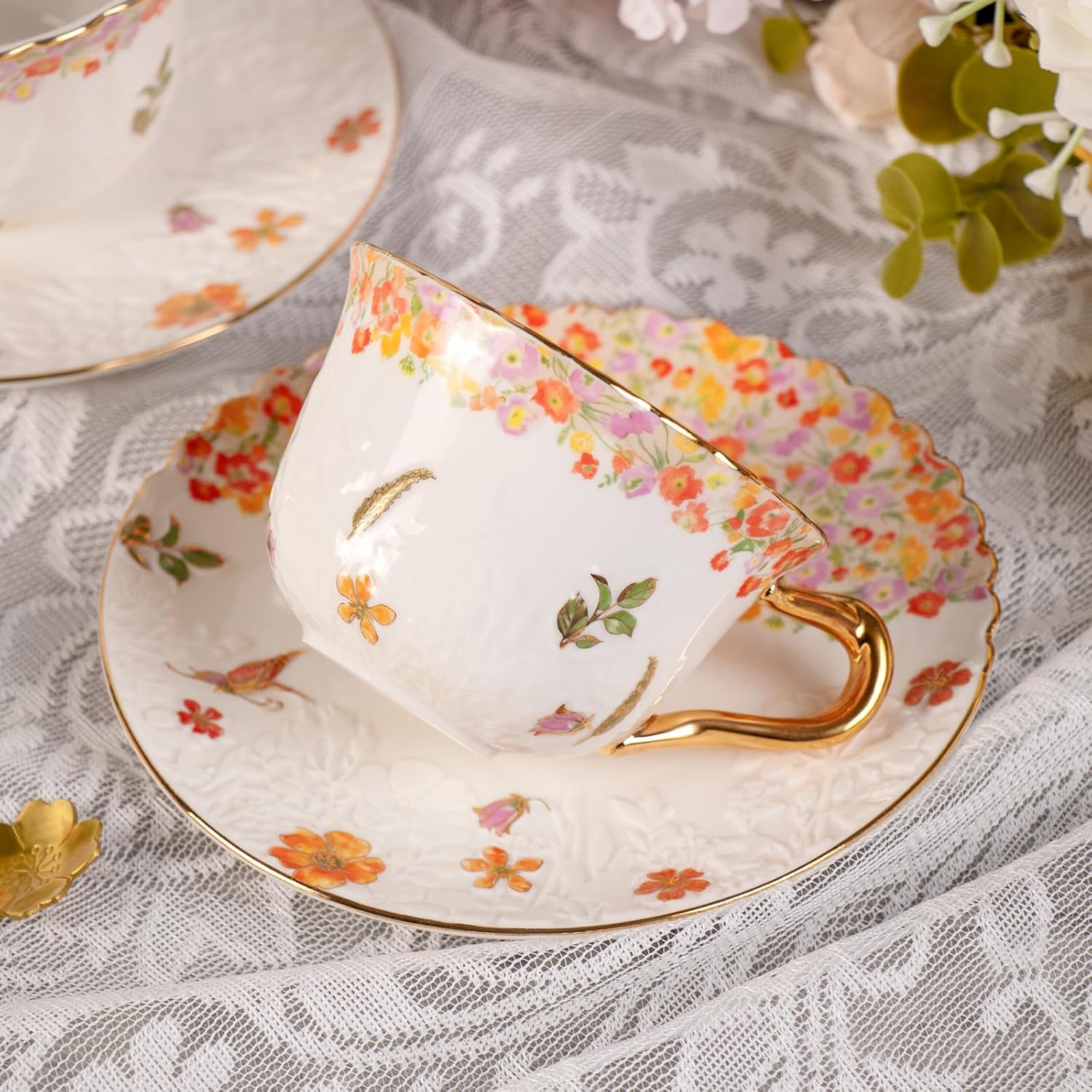 KAMMAK Tea Cups and Saucers Set of 2, Reinforced Porcelain Coffee Cups, 8.5-Ounce Stackable Espresso Mugs, Ceramic Demitasse for Coffee, Cappuccino, Latte, Americano, Tea, Secret Flourish - Image 6