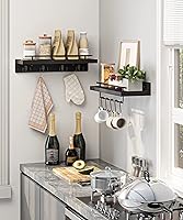 Vista 4 de Estantes flotantes de madera con ganchos de metal, perchero montado en la pared con estante juego de 2, estante de pared de baño con barra de toalla