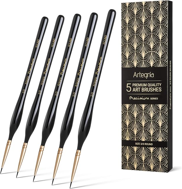 ARTEGRIA Detail Paint Brush Set - 5 Miniature Paint Brushes Size Round 3/0 000 with Fine Tips, Ergonomic Handle for Small Scale Army Model Art and Paint by Numbers for Adults - Acrylic Watercolor Oil