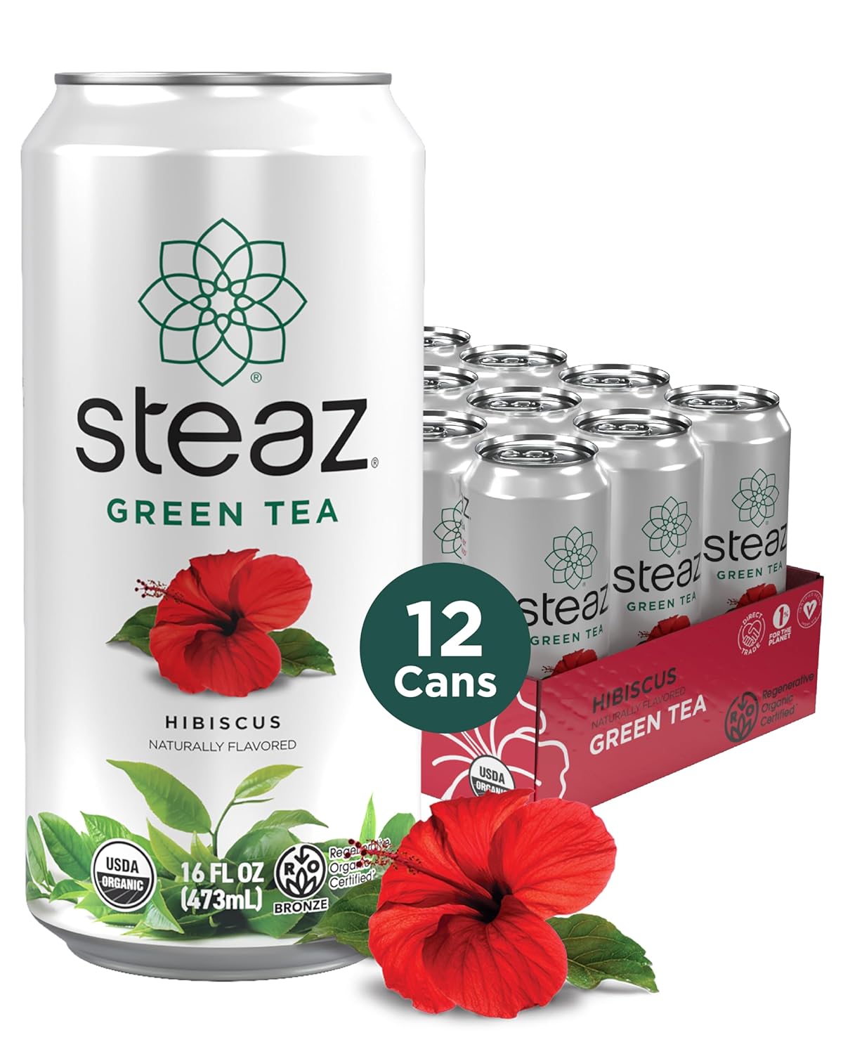 Steaz - Organic Green Tea - Hibiscus Flavored (12 Pack) - Regenerative Organic Certified® - 30mg Natural Caffeine, Vitamin C - Cane Sugar Sweetened Iced Tea - Vegan, Fair Trade - 12 Cans, 16 fl oz (473mL)
