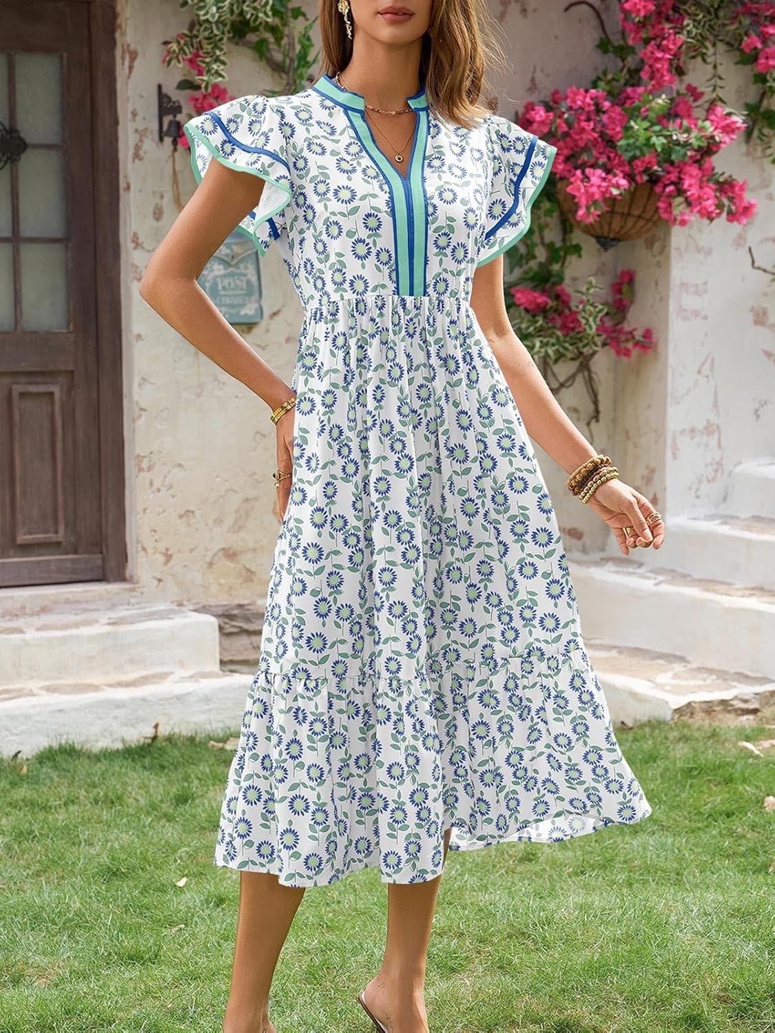 Wenrine Womens Summer Floral Midi Dresses Ruffle Cap Sleeve V Neck Flowy Boho Casual Beach Vacation Sundress - Image 5