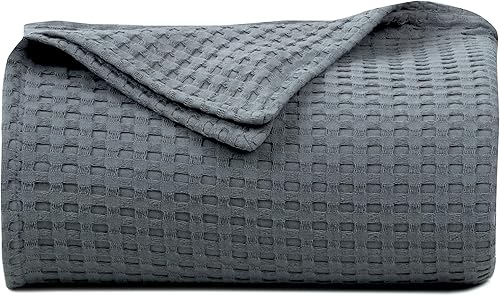 Tex Trend Manta de cama tamaño King 100% algodón, tejido de gofre, ligera, transpirable, color gris, 108 x 90 pulgadas