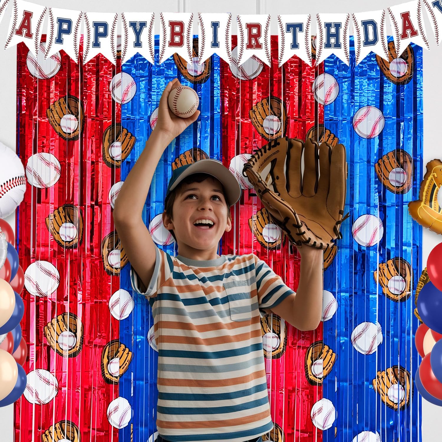 2 Pack Baseball Tinsel Foil Fringe Curtains Backdrop Party Decorations, Blue and White Red Door Streamers Banner Sports Themed Birthday Party Decor Supplies for Boys Favor