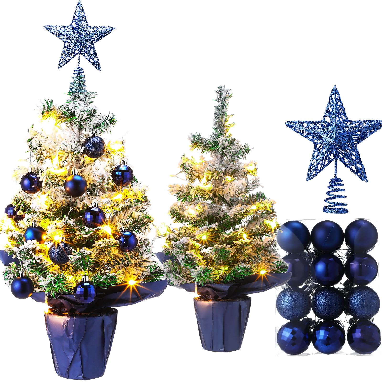 Sumind Mini sapin de Noël de table de 61 cm/0,6 m avec lumières LED, 24 boules de Noël, petit arbre artificiel vert pré-éclairé pour table de Noël, vacances d'intérieur (bleu marine, bleu marine)