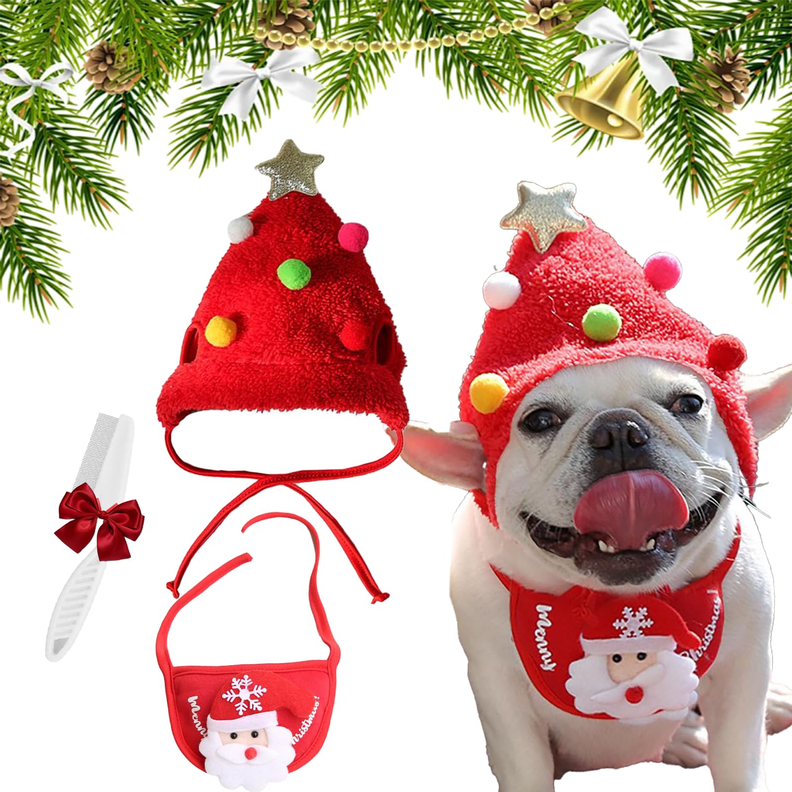 Adorable Christmas Tree Pom-Pom Hat, Adjustable Christmas Tree Hat for Dogs, Funny Soft Pet Xmas Hats, Santa Costume for Small Dog Cat (Red, S)