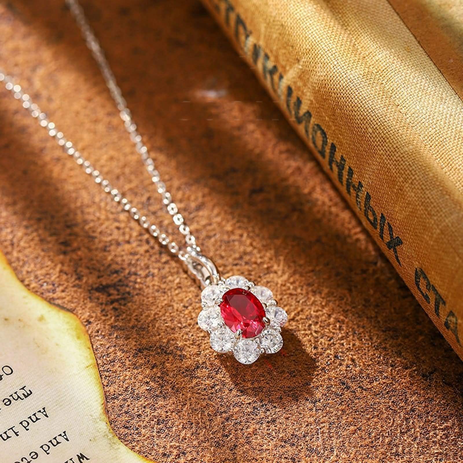 Długi naszyjnik damski, modna biżuteria, naszyjnik do wisiorka w kształcie kwiatu, 1,85 ct, rubin i moissanit 18-karatowe białe złoto, 45 cm