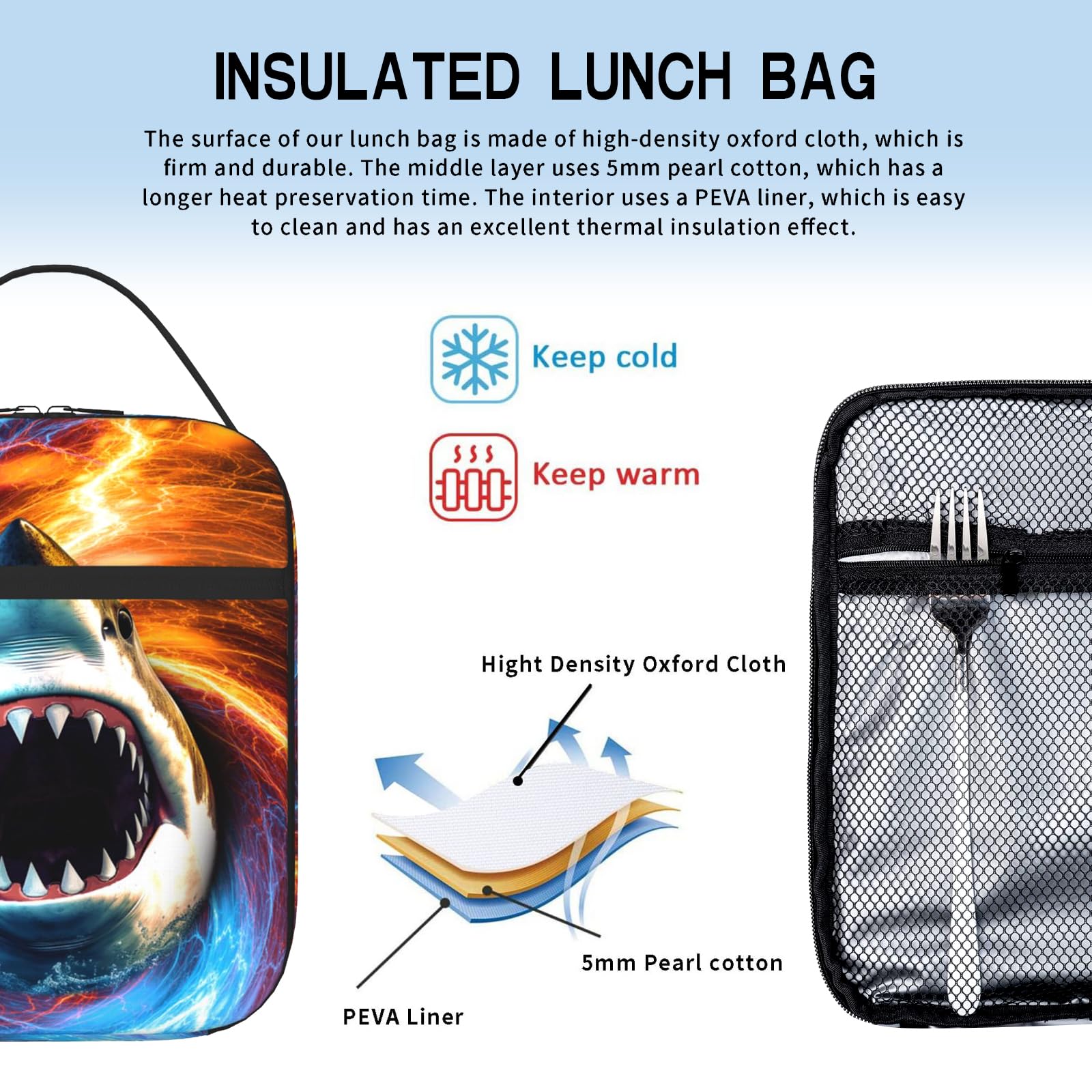 Lonchera con forma de tiburón para niños y niñas, reutilizable, aislada, impermeable, a prueba de fugas, portátil, para niños, adultos, picnic, trabajo, senderismo, playa, viajes, camping