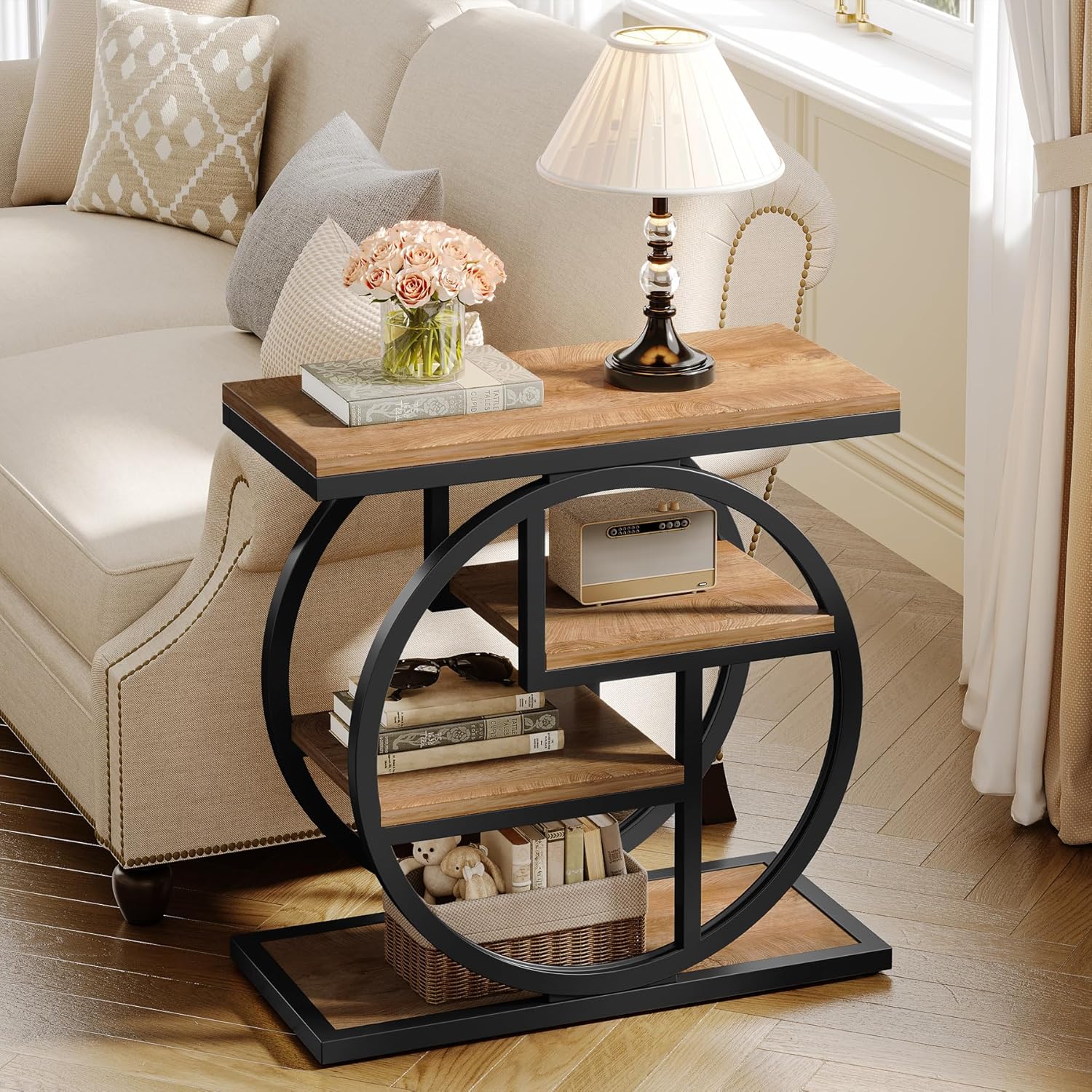 Close-up of table features: thick tabletop, strong metal frame, adjustable foot pads