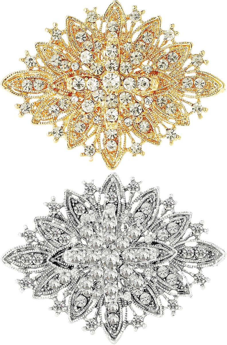2 PCS Vintage Rhinestone Brooches Pin for Women Girls Gold Sliver Crystal Lapel Pins Elegant Dress Accessories Fashion Rhinestone Pins for Clothes Dress Hats Accessory