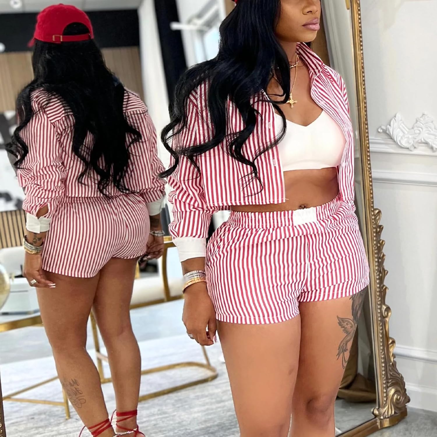 Striped Lounge Matching Set For Women Long Sleeve Shirt 2 Piece Pockets Shorts Sets Summer Outfits - Image 2