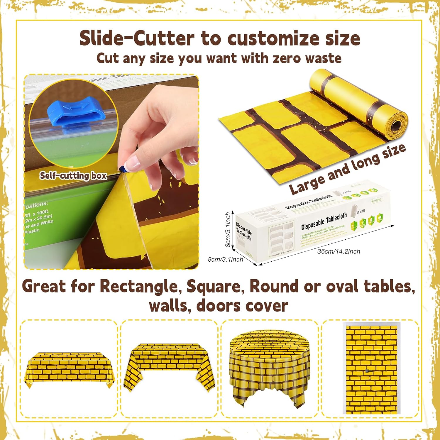 Yellow Brick Road Tablecloth Roll with Cutter Box Jumbo Brick Stone Plastic Table Covers Disposable Stone Floor Runner Wall Backdrop for Halloween Medieval Witch Princess Party Decor 100Ft x 51 Inch