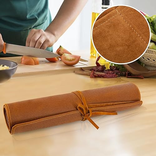 Miniatura 7 de Bolsa enrollable de cuero auténtico, 5 cuchillos y utensilios de cocina, perfecta para el chef viajero, bolsa de rollo de herramientas de viaje, no