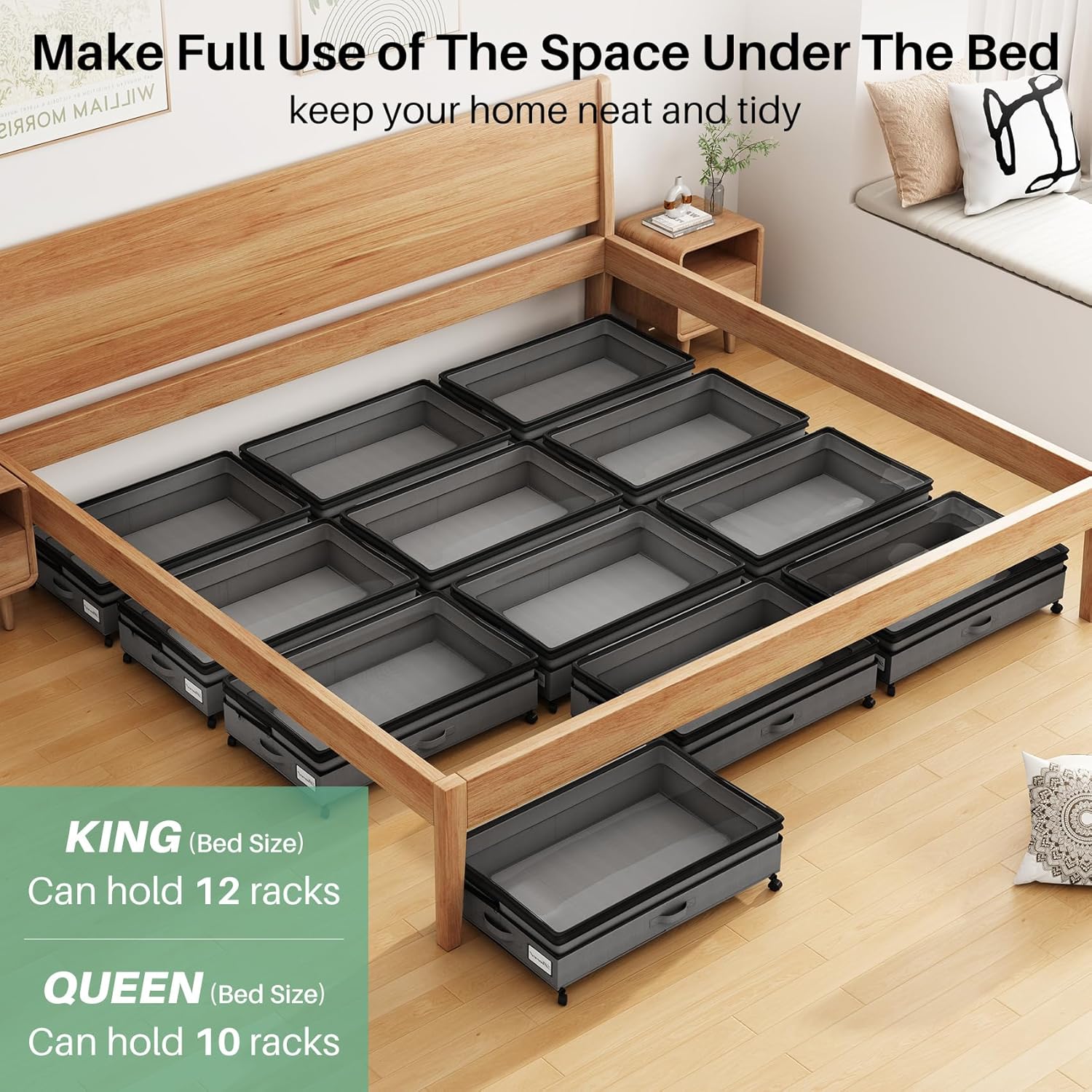 Kitstorack 4 Pack Height-adjustable Under Bed Storage with Wheels, Under Bed Storage Containers,Under Bed Shoe Storage Organizer with Clear Window&Label, Suitable for Clothes Storage, Gray