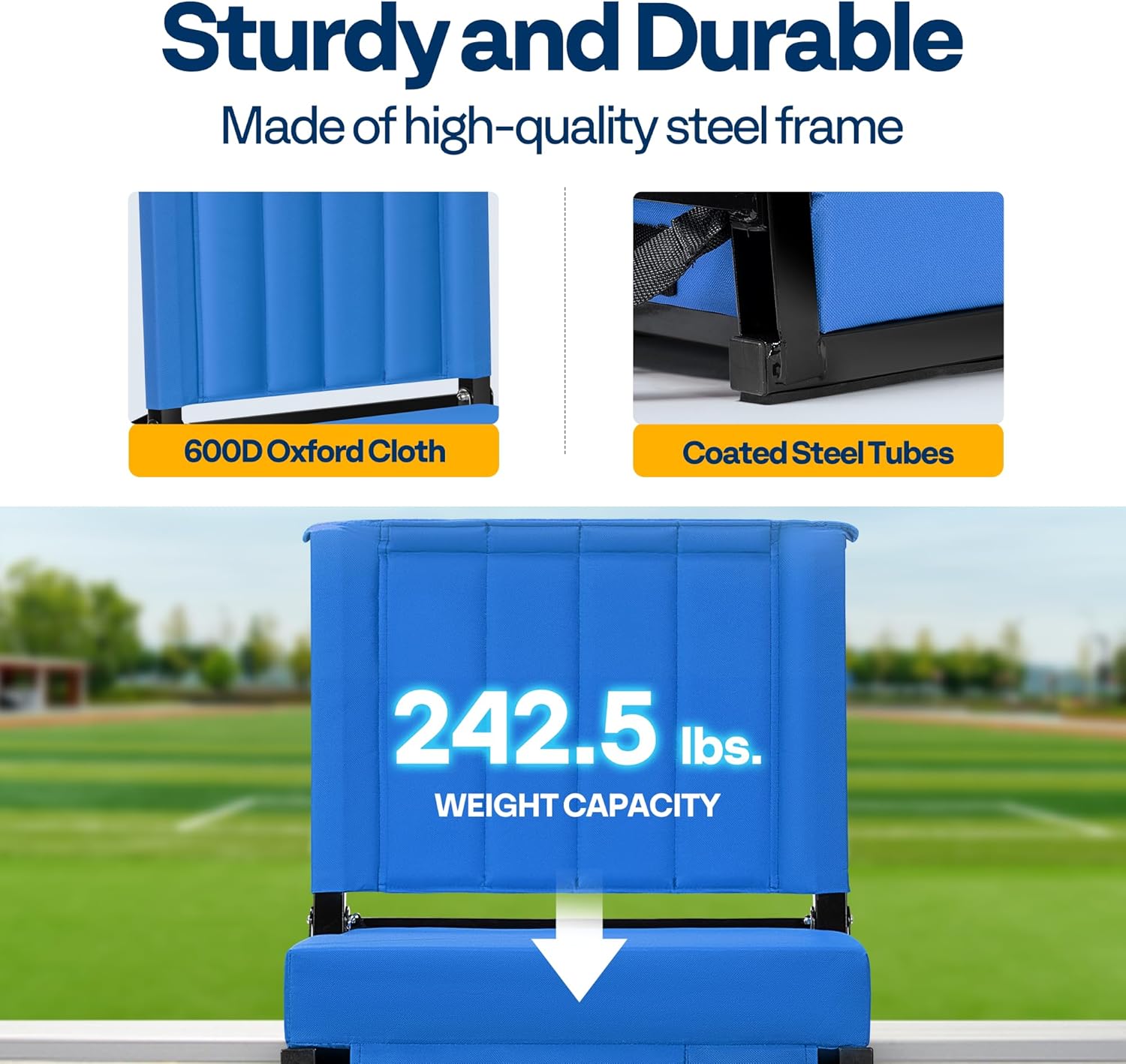 VIVOHOME 2 Pack Stadium Seats with Back Support and Cushion, Portable Bleacher Chair with Cup Holder and Shoulder Strap Blue