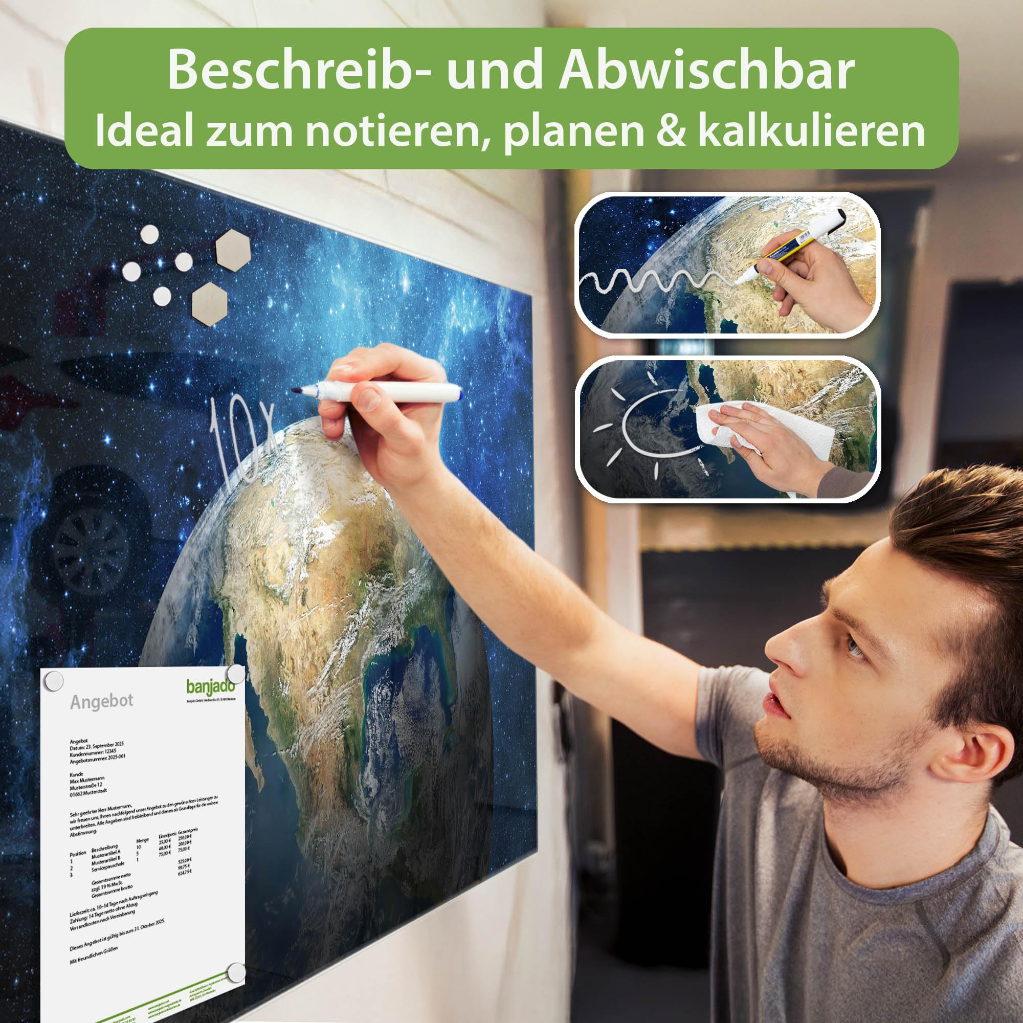 banjado Glas-Magnettafel in 75x50cm, beschreibbar und magnetisch