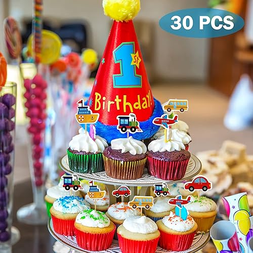 Miniatura 3 de Paquete de 30 adornos para cupcakes de transporte, para automóvil, camión, tren, avión, barco, fiesta, decoración de tartas para niños, cumpleaños,