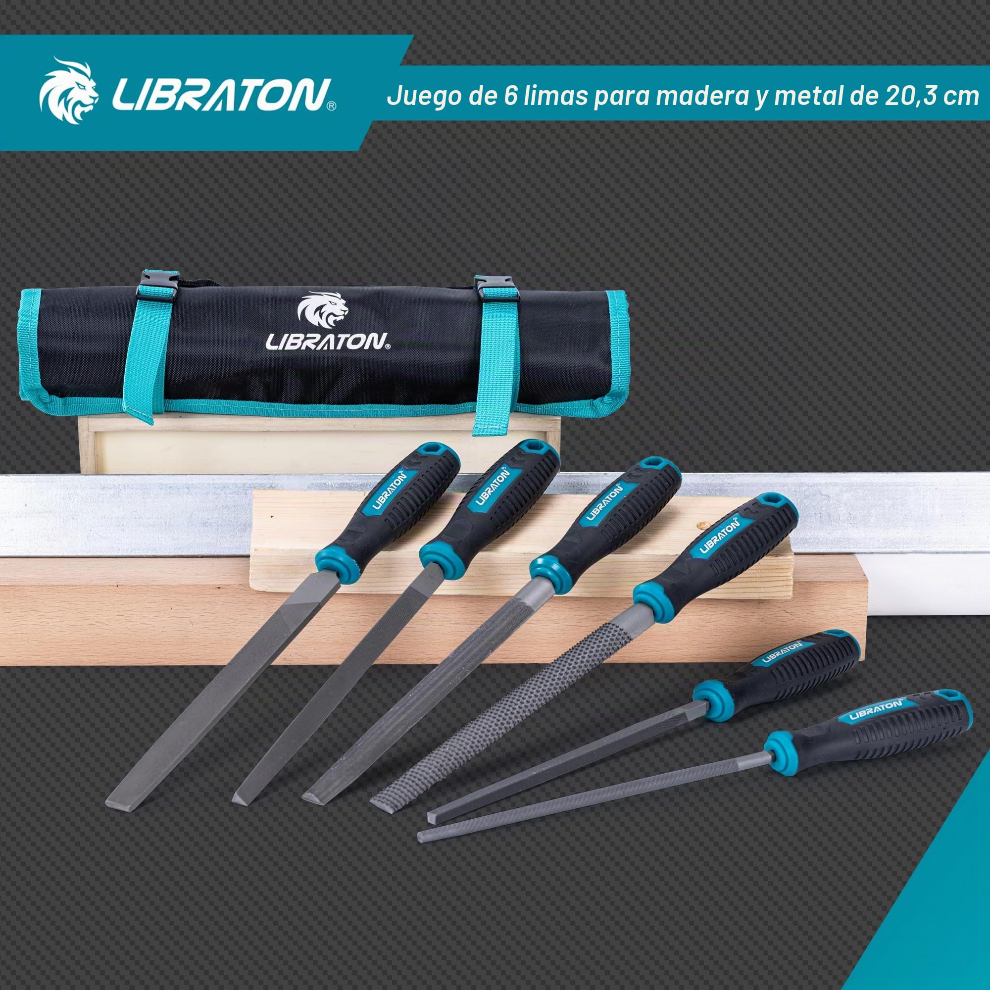 Libraton Limas de Metal, Limas para Metal de 6 Piezas, Limas de Acero con Alto Contenido de Carbono, Lima Metálica con Mango de Goma, Juego de Limas de 8 Pulgadas Incl 1 Escofina para Madera